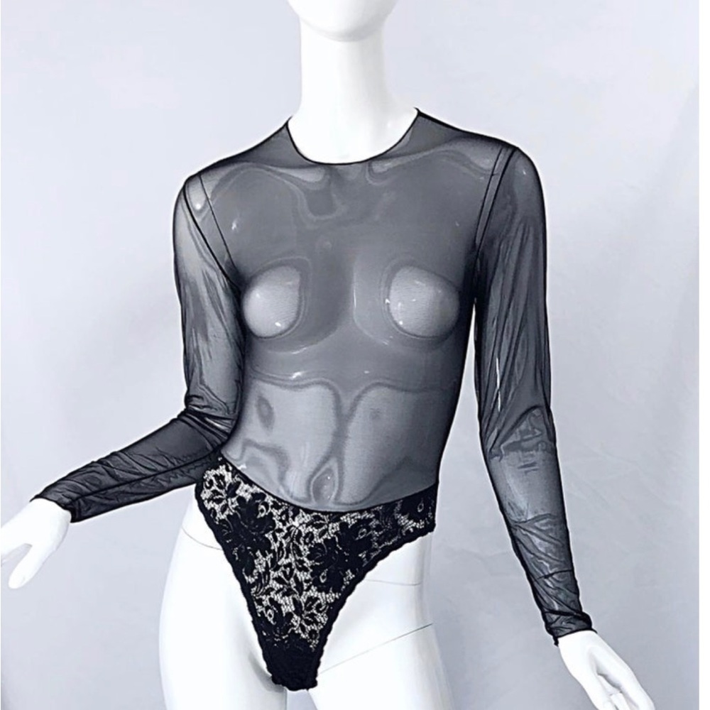 Vintage 1980s Guy Laroche Black long sleeve sheer bodysuit size medium.